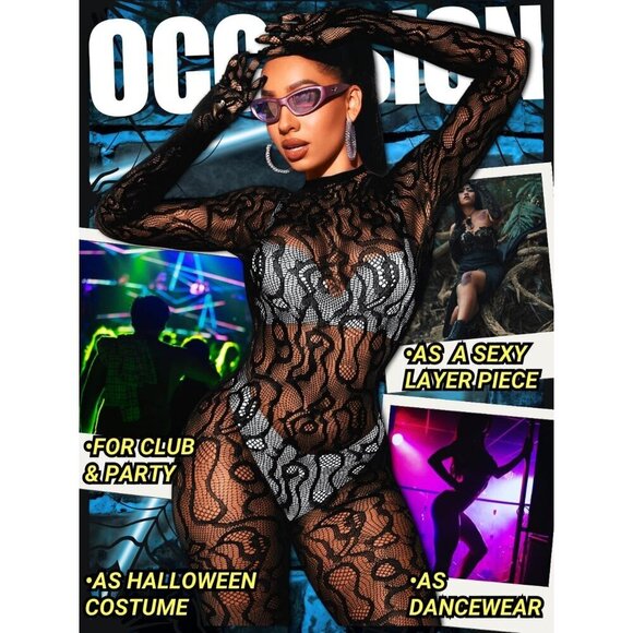 🆕Women Black Sexy Fishnet Full Mesh Jumpsuit Body Stockings Halloween Costume - Picture 6 of 7